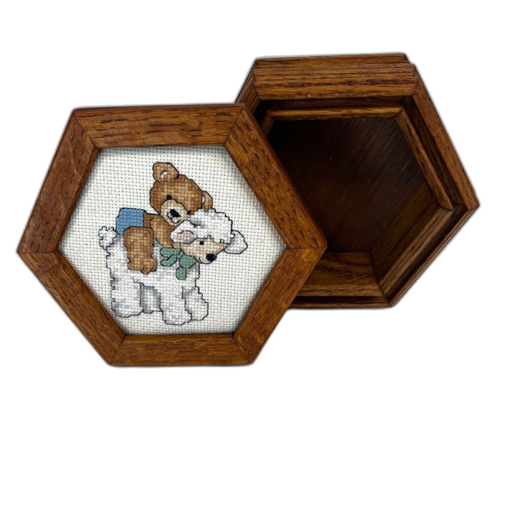Cross Stitch Bear‎ & Lamb Wood Hexagonal Trinket Jewelry Keepsake Box